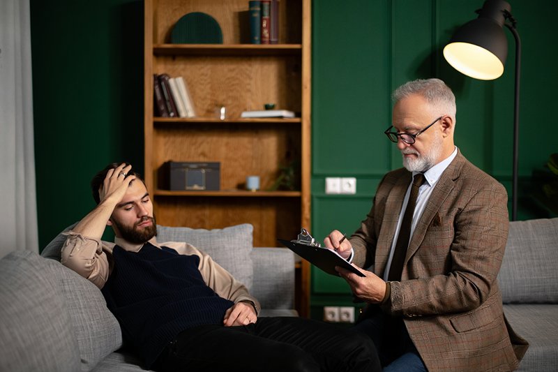 Мужчина сидит перед психиатором